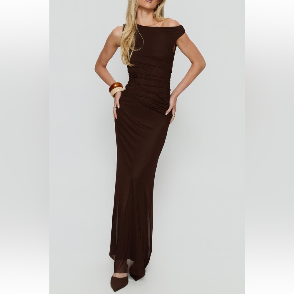 Princess Polly Kystyna Mesh Maxi Cocktail Dress in color dark brown